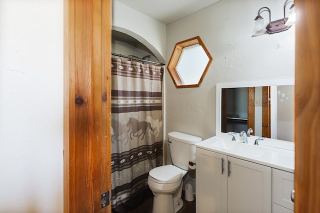 bathroom featuring vanity, toilet, and a shower with shower curtain