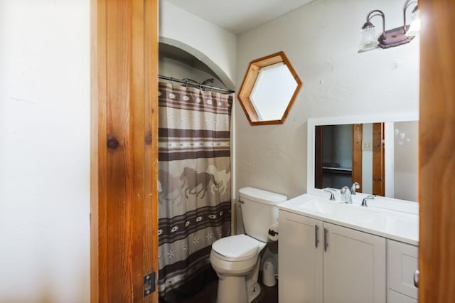 bathroom featuring walk in shower, vanity, and toilet