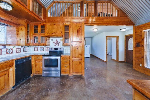 kitchen featuring washer / clothes dryer, decorative backsplash, tile counters, electric range, and dishwasher