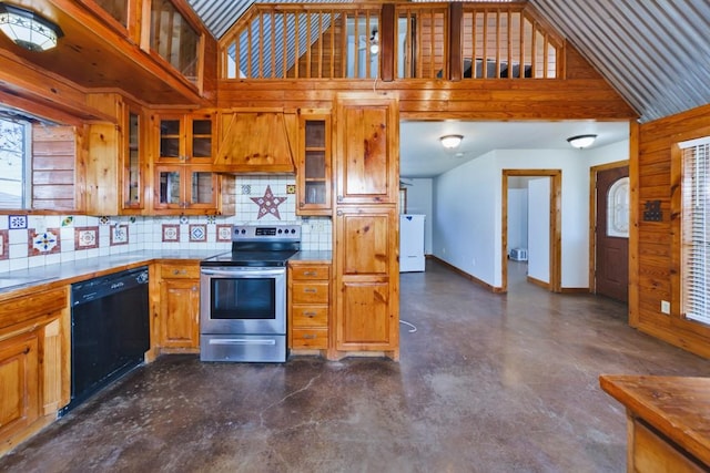 kitchen with high vaulted ceiling, black dishwasher, stainless steel range with electric cooktop, and backsplash