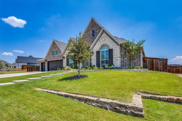 french country home featuring a garage, fence, stone siding, driveway, and a front yard