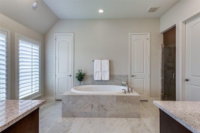 full bath featuring visible vents, a shower stall, vanity, baseboards, and a bath