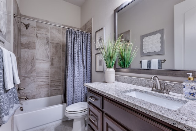 full bathroom with shower / bathtub combination with curtain, toilet, and vanity