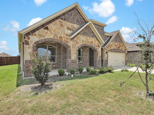 view of front of property with a front lawn and a garage