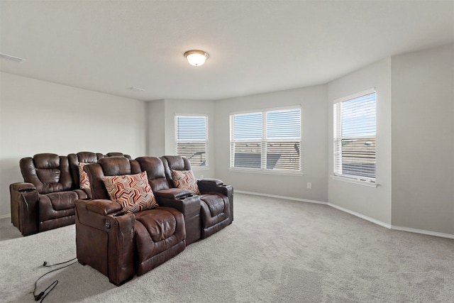 home theater with carpet floors and a wealth of natural light