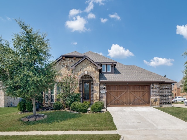 view of front of property featuring a front lawn and a garage