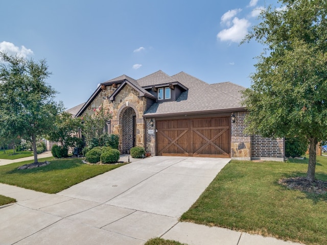 view of front of house featuring a front yard and a garage