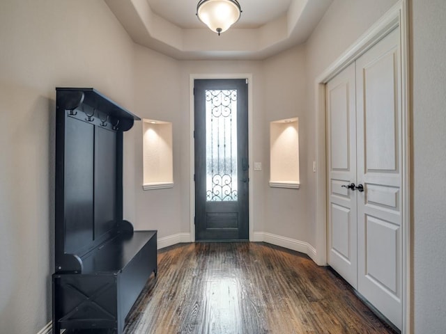 interior space with a tray ceiling and dark hardwood / wood-style flooring