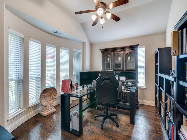 office space featuring lofted ceiling, dark hardwood / wood-style flooring, plenty of natural light, and ceiling fan