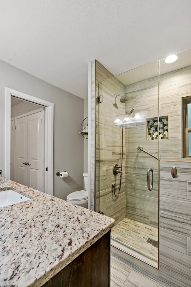 bathroom with vanity, an enclosed shower, and toilet