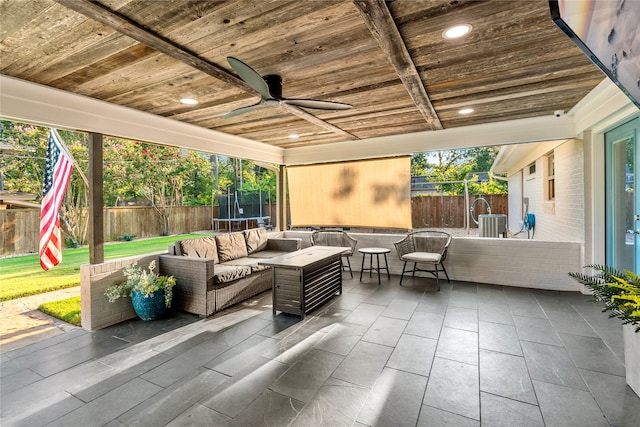 view of patio / terrace featuring ceiling fan, an outdoor hangout area, and a trampoline