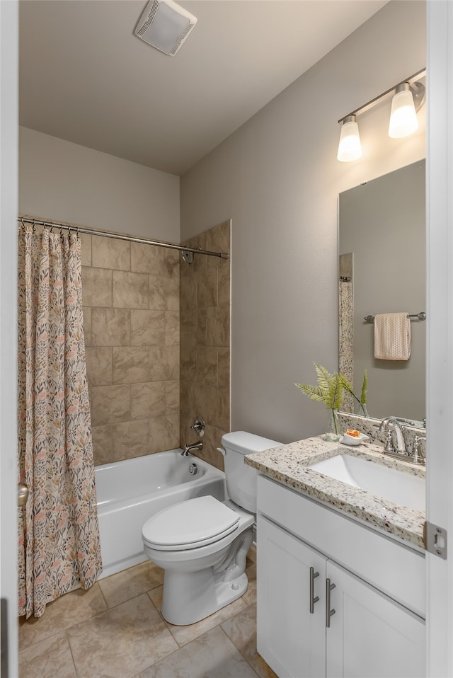 full bathroom featuring shower / bathtub combination with curtain, toilet, tile patterned floors, and vanity