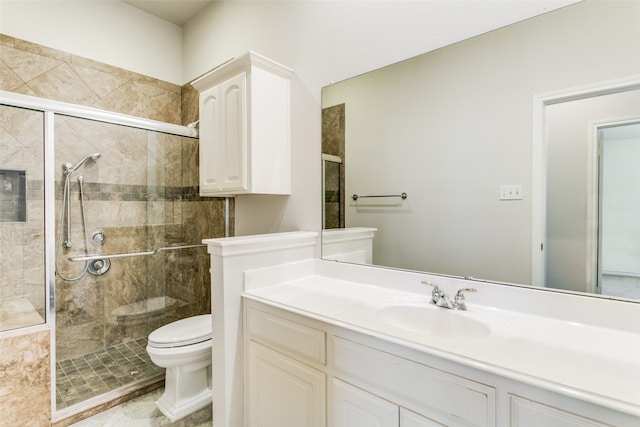 bathroom featuring vanity, walk in shower, toilet, and tile patterned flooring