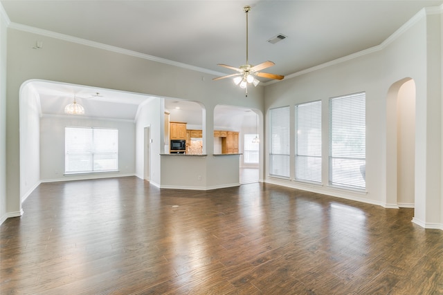 unfurnished living room featuring ornamental molding, hardwood / wood-style floors, and ceiling fan