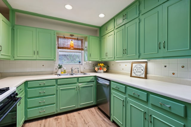 kitchen with light hardwood / wood-style flooring, decorative backsplash, stainless steel dishwasher, sink, and green cabinetry