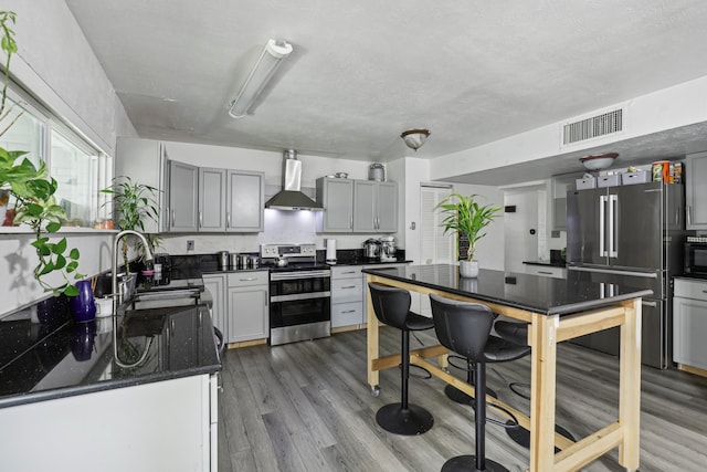 kitchen featuring sink, wall chimney exhaust hood, gray cabinets, wood-type flooring, and stainless steel appliances