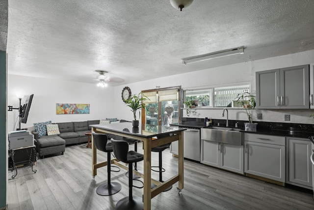 kitchen with gray cabinetry, ceiling fan, sink, and light hardwood / wood-style floors