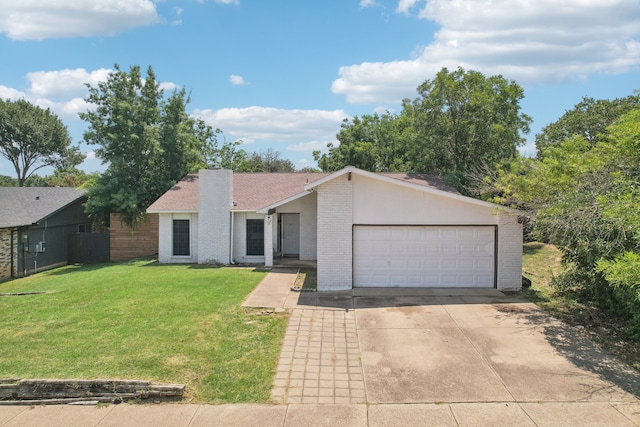 ranch-style house featuring a garage and a front lawn