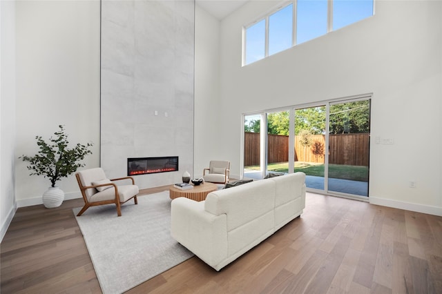 living room with hardwood / wood-style floors and a tile fireplace