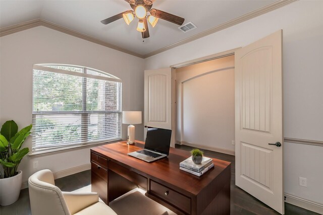 office featuring ceiling fan, plenty of natural light, vaulted ceiling, and dark hardwood / wood-style floors