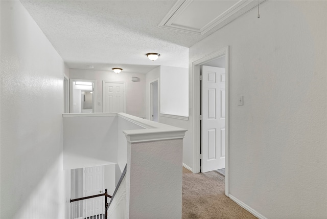 corridor featuring light carpet and a textured ceiling