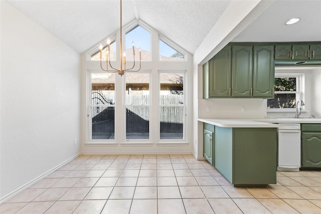 kitchen with lofted ceiling, sink, a textured ceiling, and green cabinets