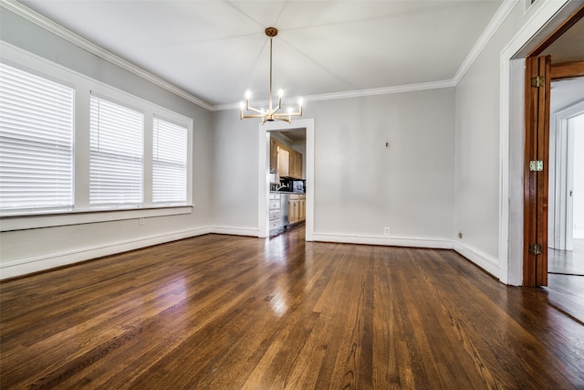 unfurnished dining area with ornamental molding, dark wood-type flooring, and a notable chandelier