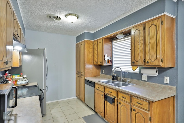 kitchen with light tile patterned flooring, electric range oven, sink, stainless steel dishwasher, and a textured ceiling