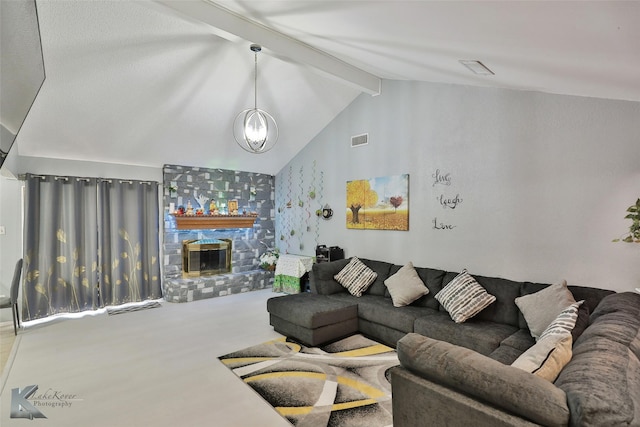 living room with lofted ceiling with beams, carpet floors, and a fireplace