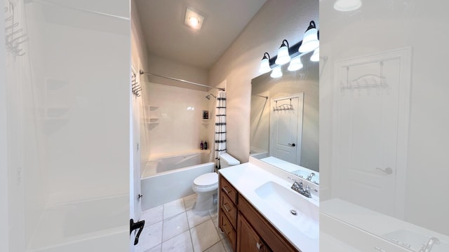 full bathroom with tile patterned flooring, shower / bath combination with curtain, toilet, and vanity