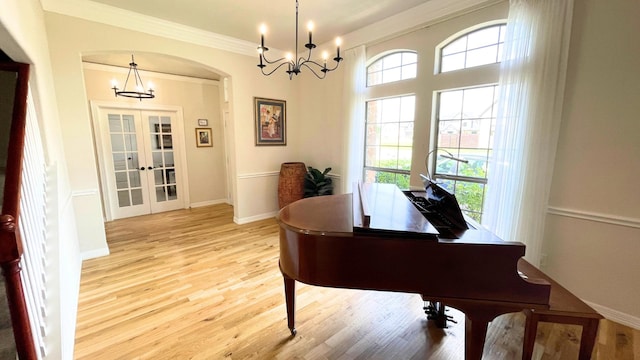 miscellaneous room featuring light hardwood / wood-style floors, a wealth of natural light, ornamental molding, and french doors