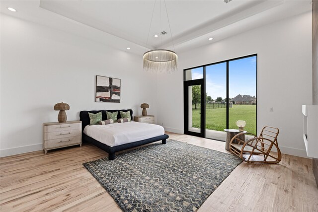 bedroom featuring access to outside, light hardwood / wood-style floors, and multiple windows