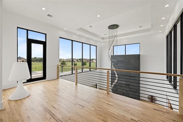 unfurnished room featuring a tray ceiling and light hardwood / wood-style floors