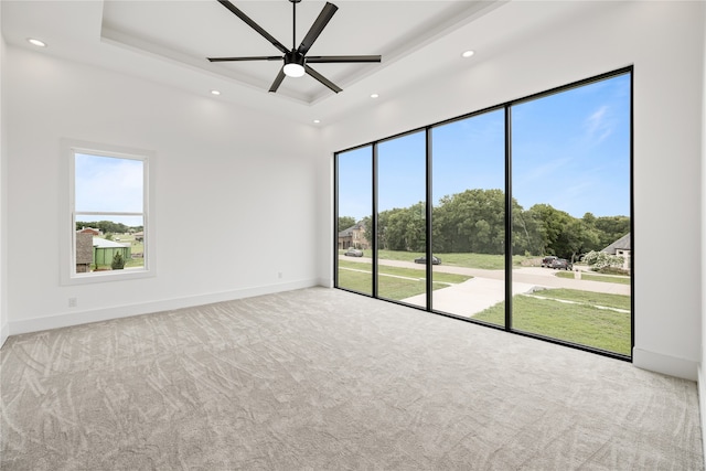 carpeted spare room with ceiling fan, plenty of natural light, and a tray ceiling