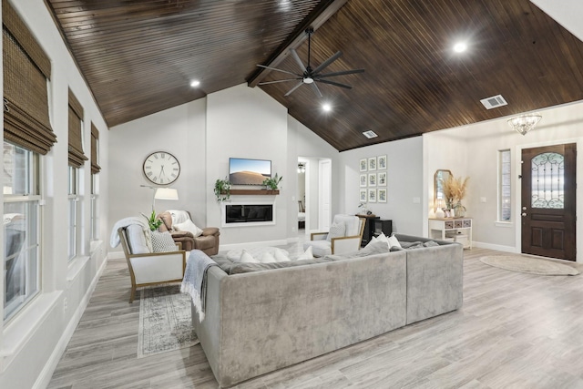 living room with light hardwood / wood-style floors, high vaulted ceiling, ceiling fan, and wood ceiling