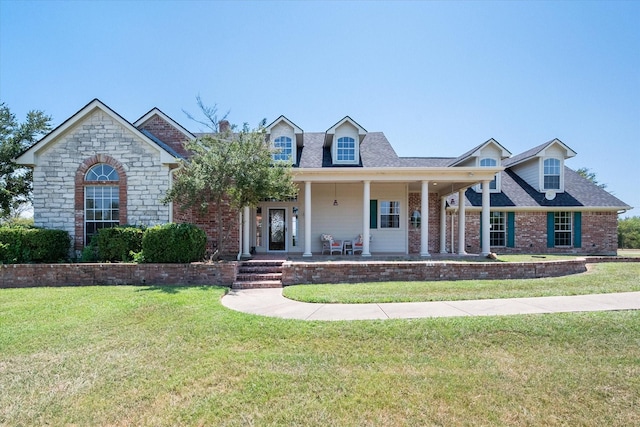 view of front facade with covered porch, a front lawn, and brick siding