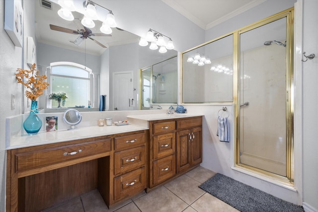 bathroom featuring a stall shower, tile patterned flooring, visible vents, and crown molding