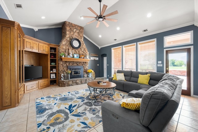 living room featuring light tile patterned floors, visible vents, and crown molding