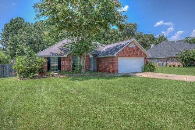 ranch-style house featuring concrete driveway, an attached garage, fence, a front lawn, and brick siding