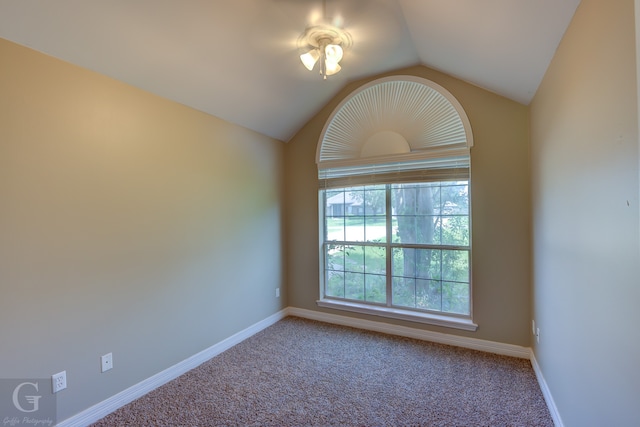 carpeted spare room featuring lofted ceiling