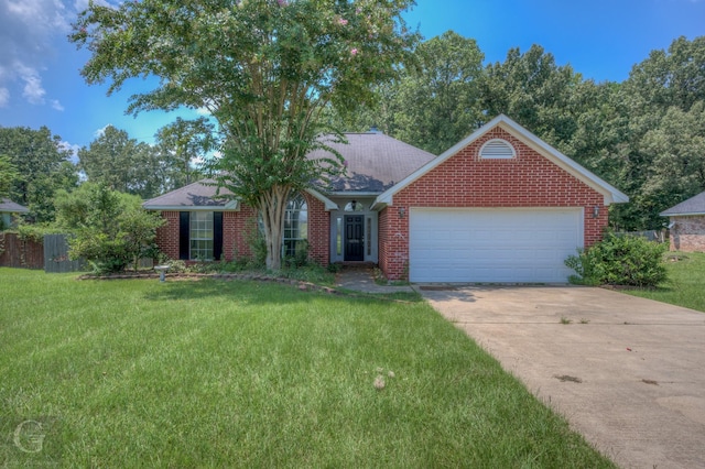 ranch-style home with a garage, brick siding, concrete driveway, and a front yard