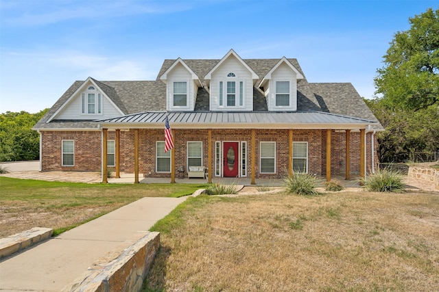 view of front of home featuring covered porch and a front yard