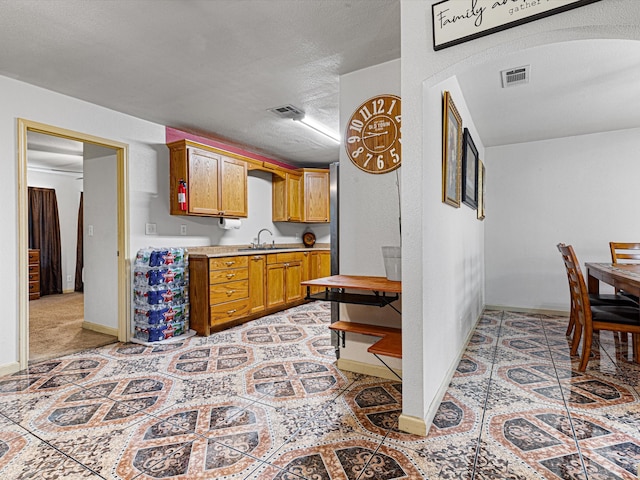 kitchen with light carpet, a textured ceiling, and sink