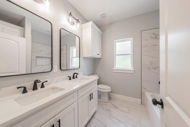 full bathroom featuring dual vanity, tile patterned floors, tiled shower / bath combo, and toilet