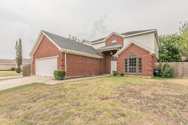 traditional home with brick siding, concrete driveway, a front yard, fence, and a garage