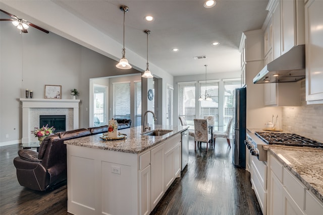 kitchen featuring a center island with sink, dark hardwood / wood-style floors, and a healthy amount of sunlight