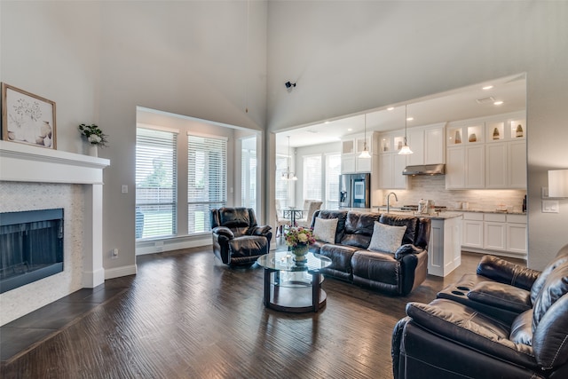 living room featuring dark hardwood / wood-style floors, sink, and a towering ceiling