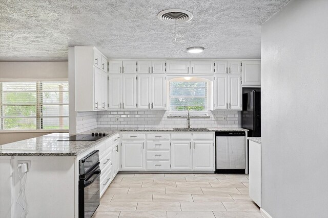 2120 Nottingham Blvd, Fort Worth, TX 76112 - kitchen featuring white cabinetry, backsplash, sink, and black appliances