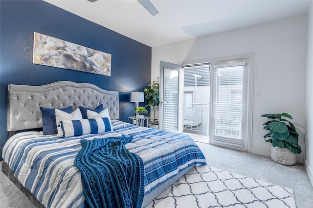 bedroom with access to outside, carpet flooring, and ceiling fan