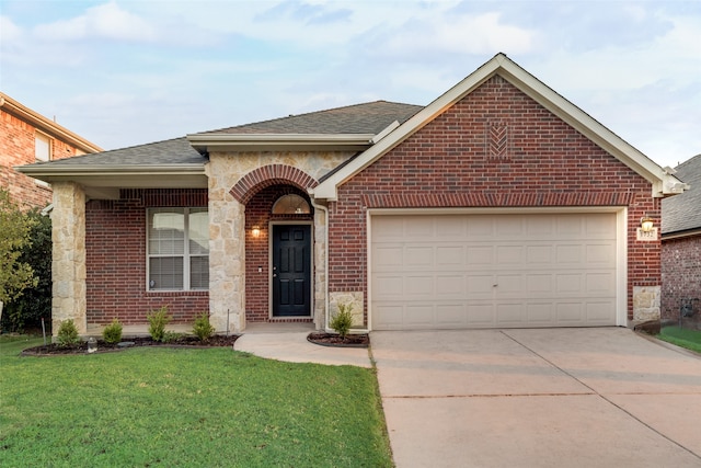 view of front facade featuring a front lawn and a garage